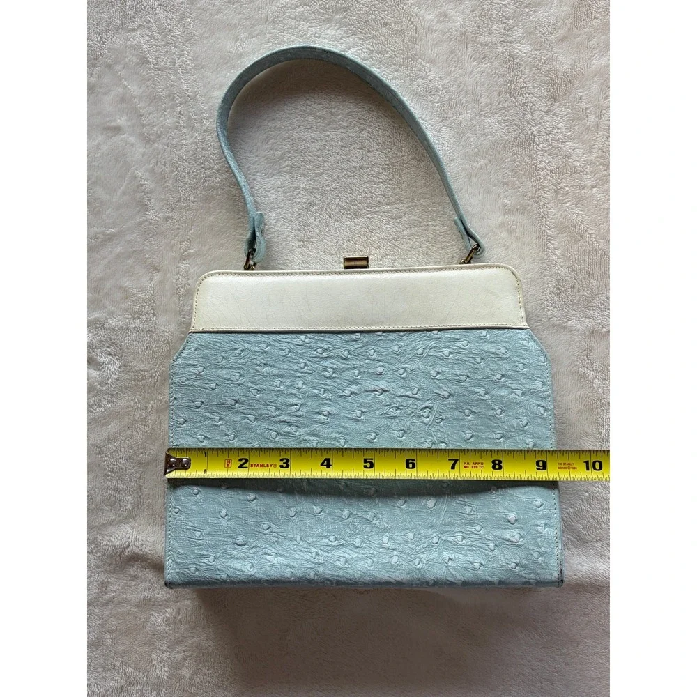 Blue Vintage Ostrich Embossed Frame Handbag Womens Medium Good